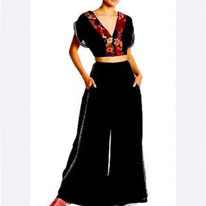 FREE PEOPLE Black Floral 2-Piece Embroidered Crop Top + Wide Leg Pants XS (0/2)